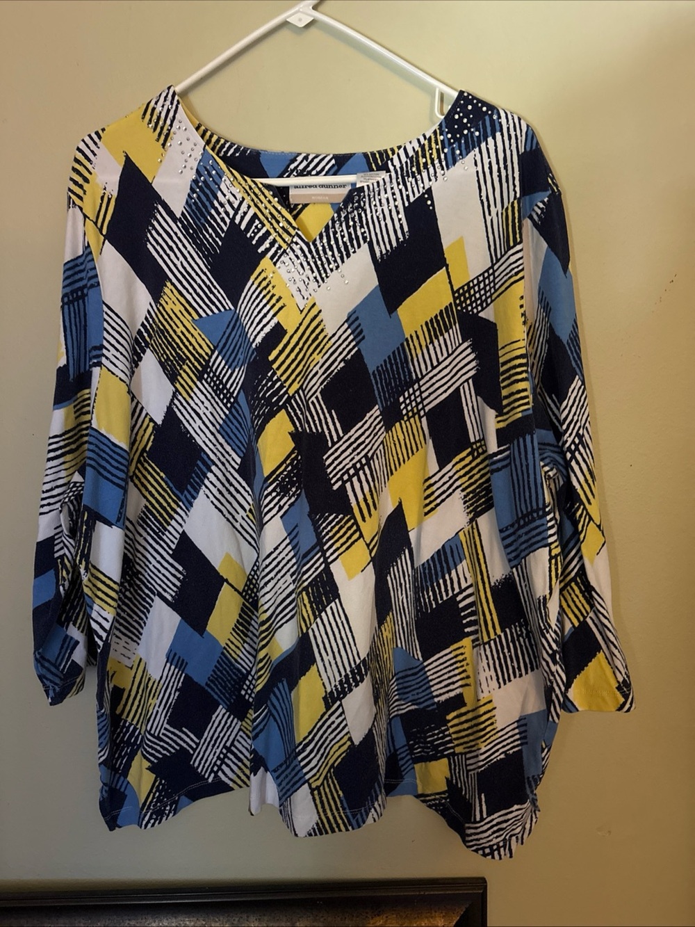 Alfred Dunner Navy, Yellow & Light Blue V-Neck Geometric Tunic
